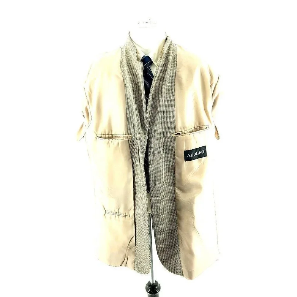 Adolfo Silk Wool 3 Button Sport Coat 44R Black Tan Nailshead‎ Check